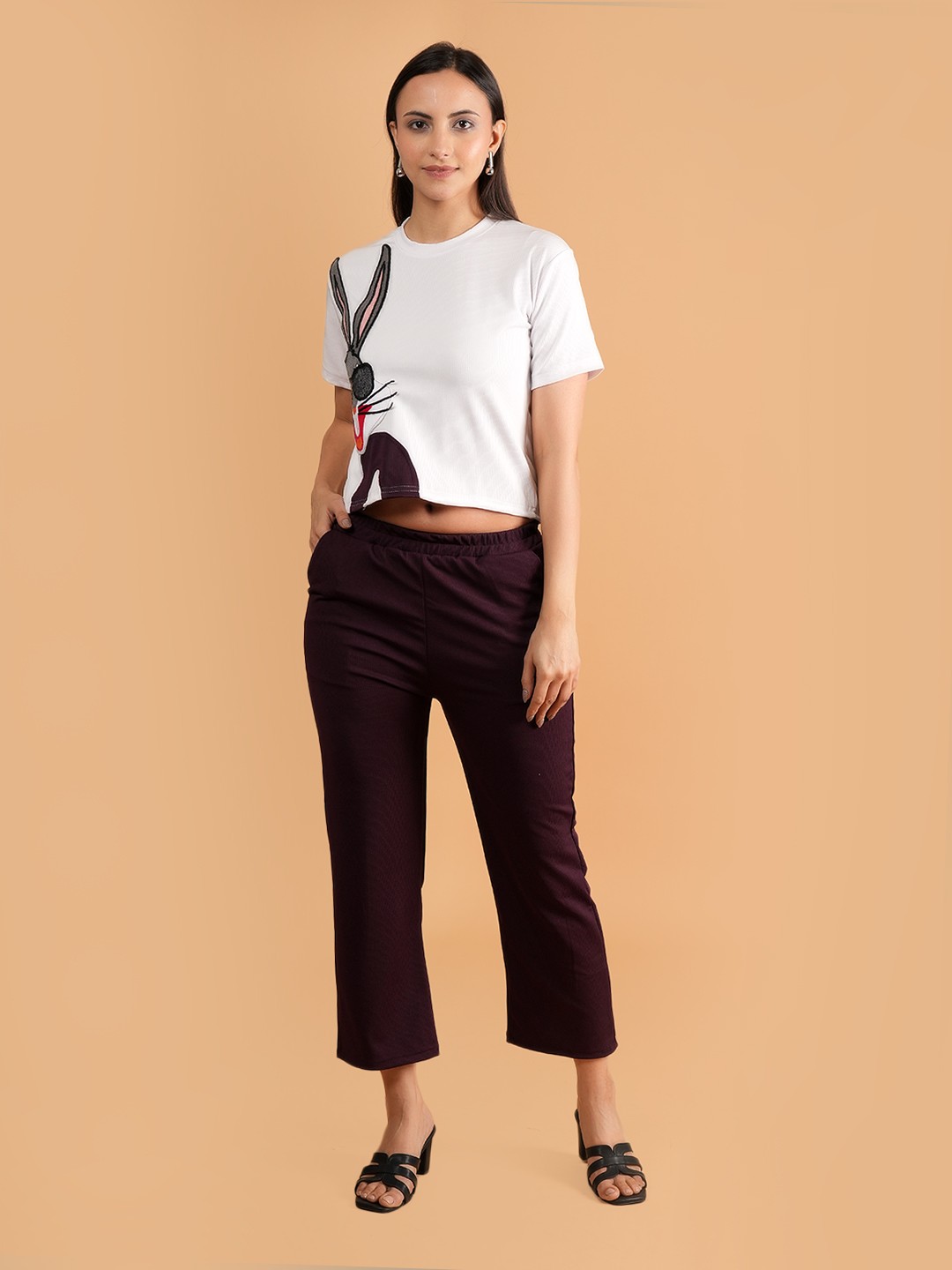 

NEYSA Printed Round Neck T-Shirt With Trousers Co-Ords, White