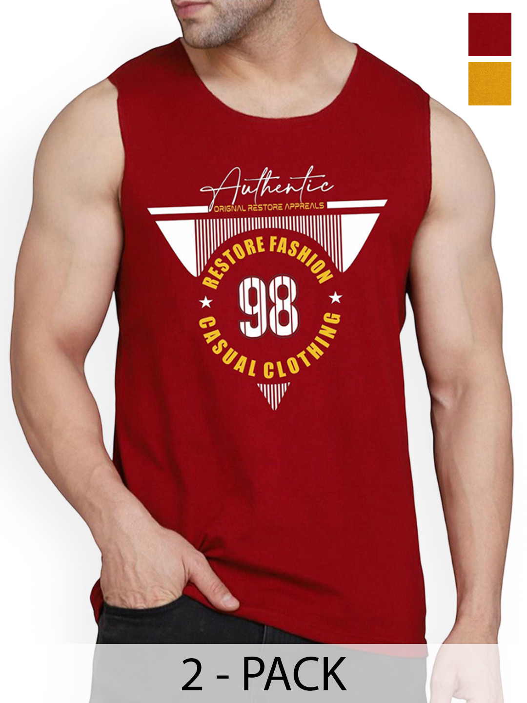 

WOOSTRO Pack Of 2 Printed Combed Cotton Gym Vest RS26 CMB (MORE MUSTARD) (98 MAROON)
