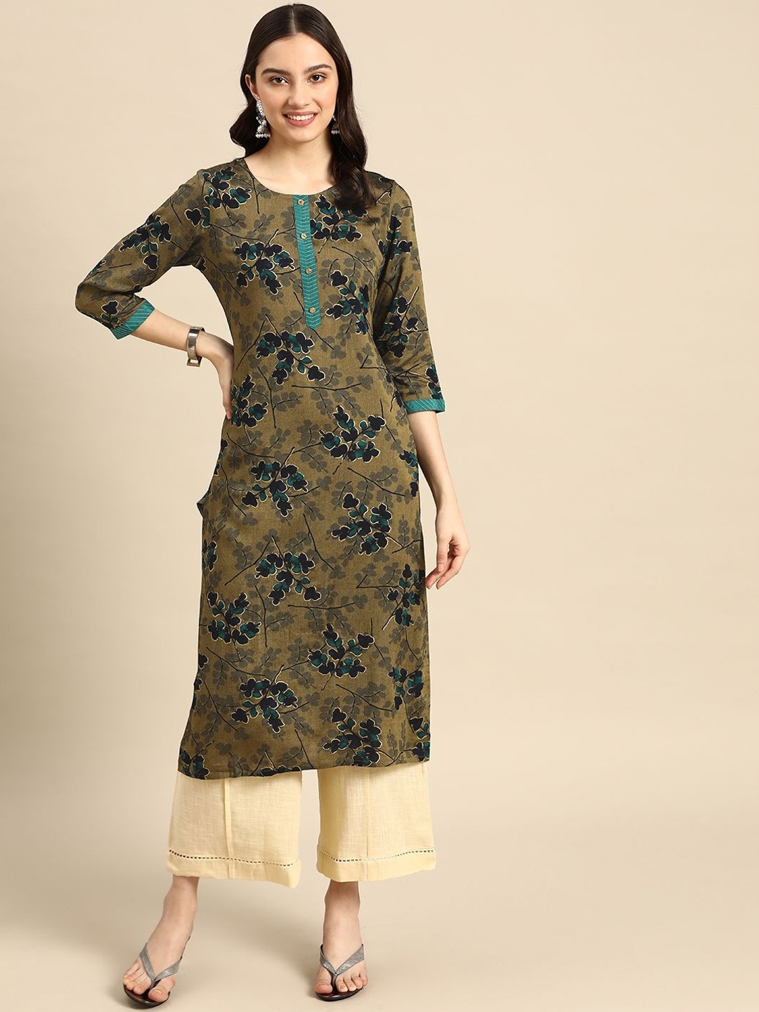 

Suha Floral Printed Round Neck Straight Kurta, Olive