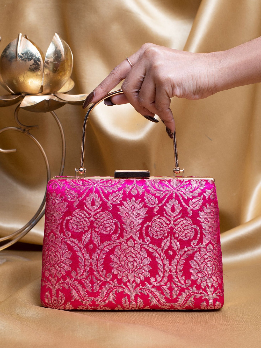 

ARTKLIM Ethnic Printed Brocade Box Clutch, Pink
