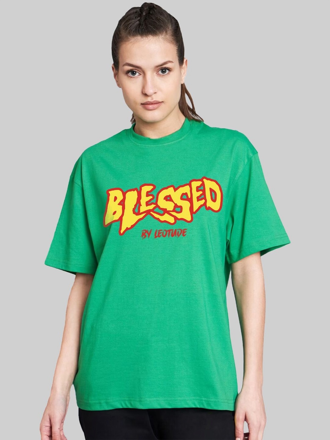 

Leotude Women Typography Printed Round Neck Cotton Relaxed Fit T-shirt, Green