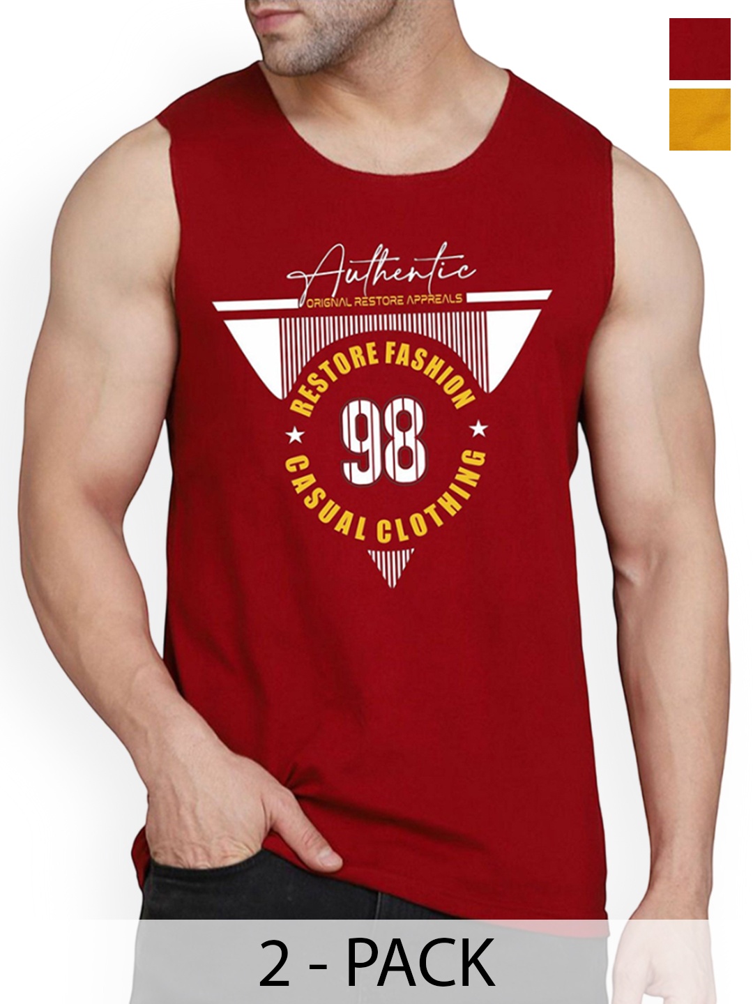 

WOOSTRO Pack Of 2 Printed Combed Cotton Gym Vest RS26 CMB (HARD MUSTARD) (98 MAROON)