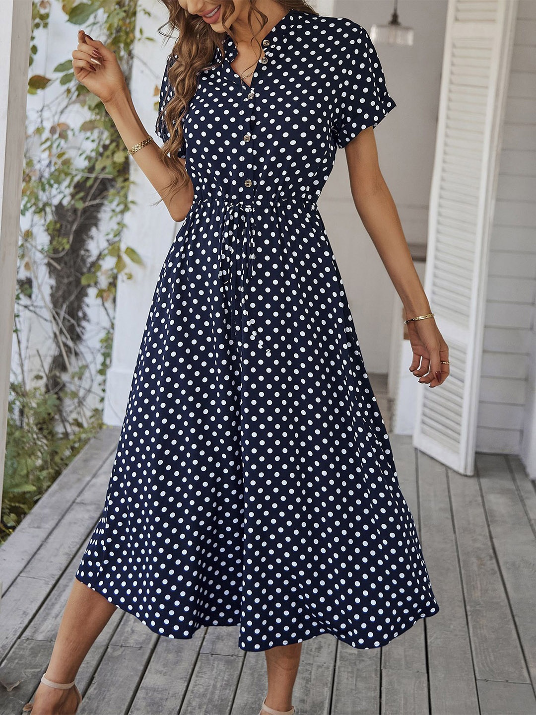 

StyleCast x Revolte Women Polka Dot Printed A-Line Midi Dress, Navy blue