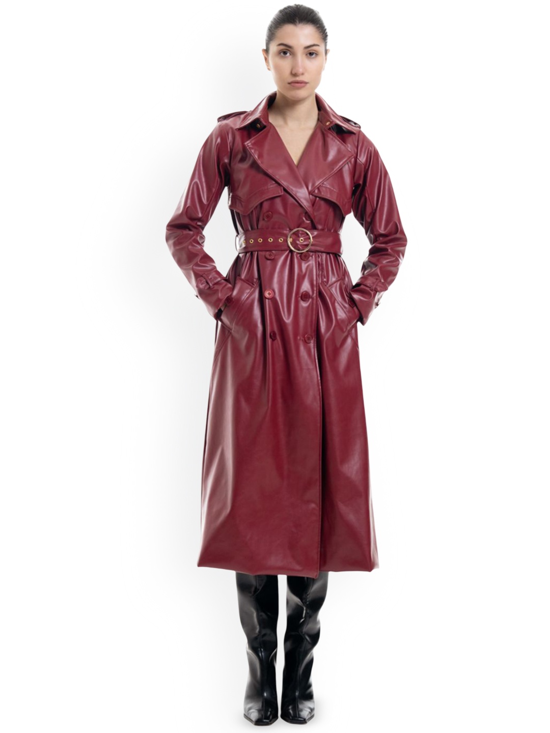 

SOTBELLA Women Notched Lapel Double-Breasted Longline Trench Coat, Red