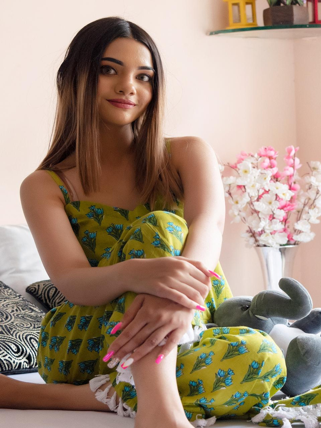 

SHINE N SHOW Floral Printed Pure Cotton Top With Pyjamas, Green