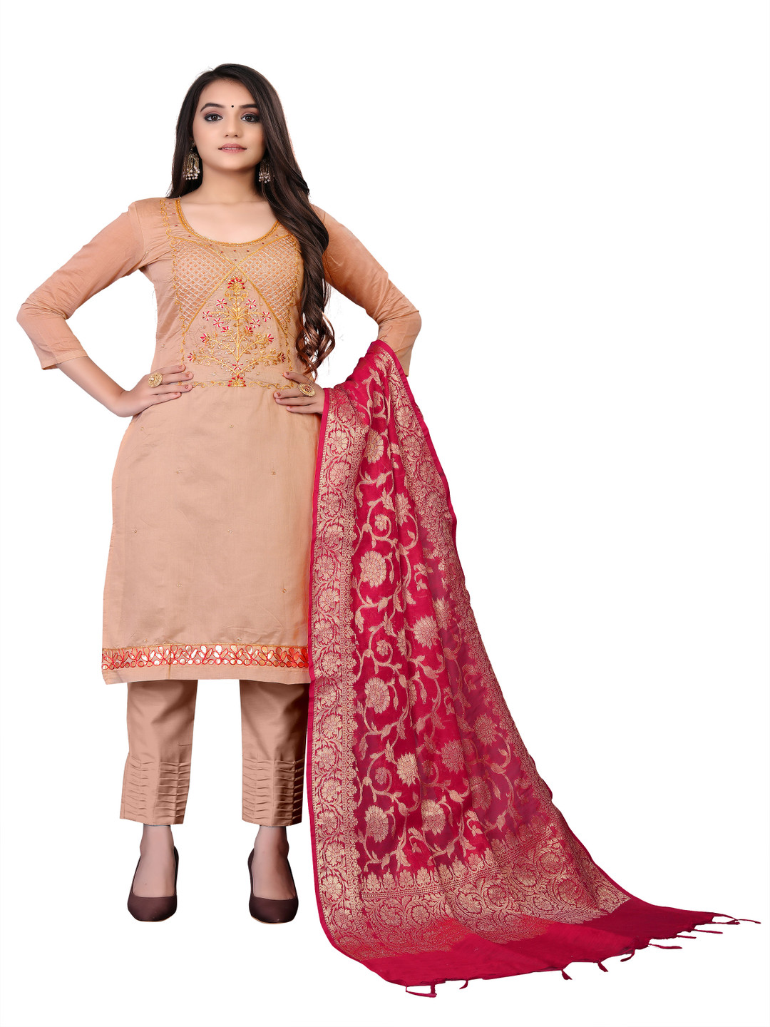 

HERE&NOW Embellished Unstitched Dress Material, Beige