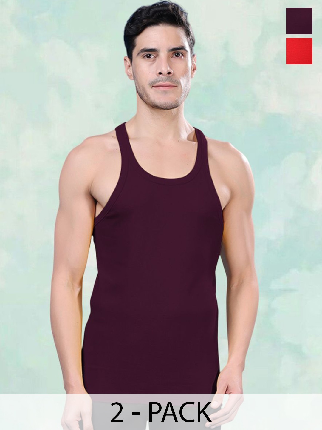 

FBAR Men Pack Of 2 Round Neck Gym Vest, Red