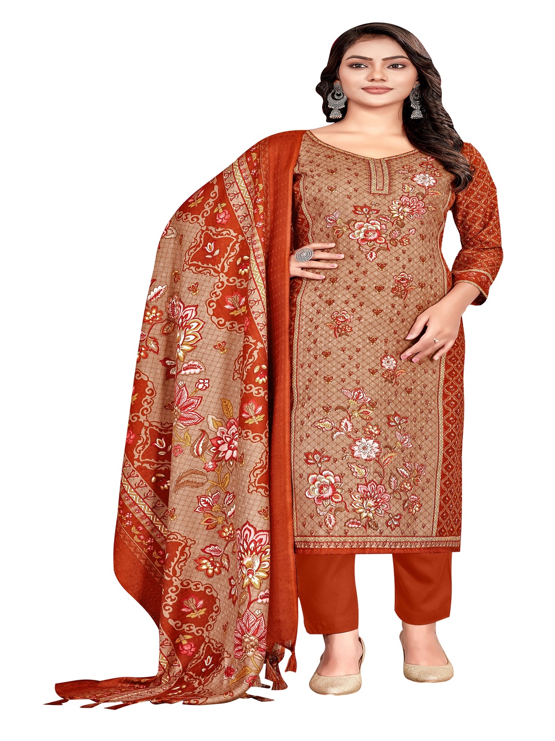 

DRAVINAM Trends Floral Printed Pashmina Unstitched Dress Material, Orange