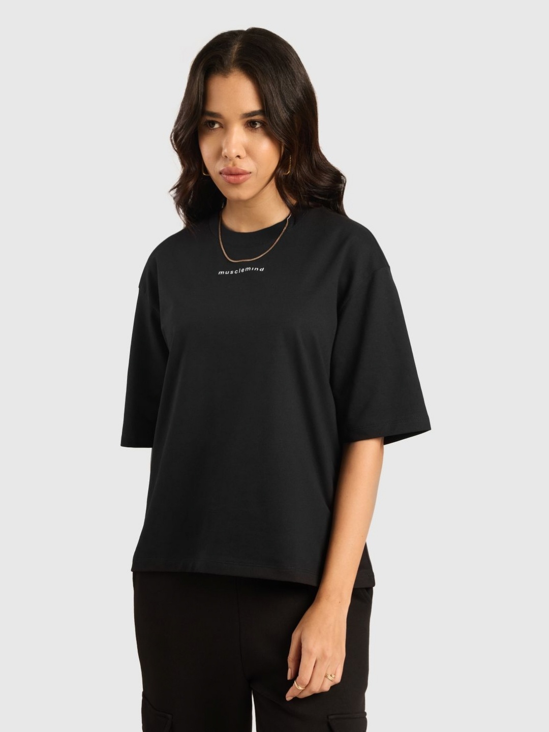 

Musclemind Women Solid Round Neck Cotton Oversized T-shirt, Black