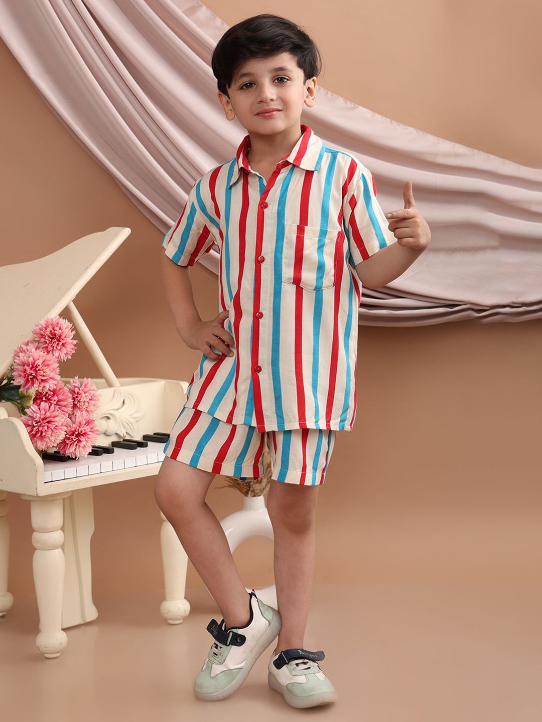 

Superminis Boys Striped Short Sleeves Shirt With Shorts, Red