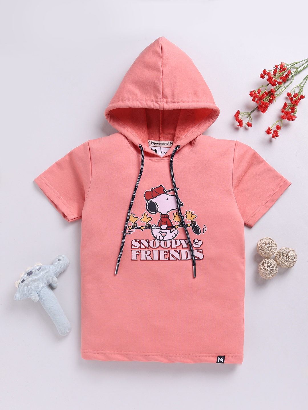 

YK X Minute Mirth Boys Snoopy Graphic Printed Hooded T-shirt, Peach