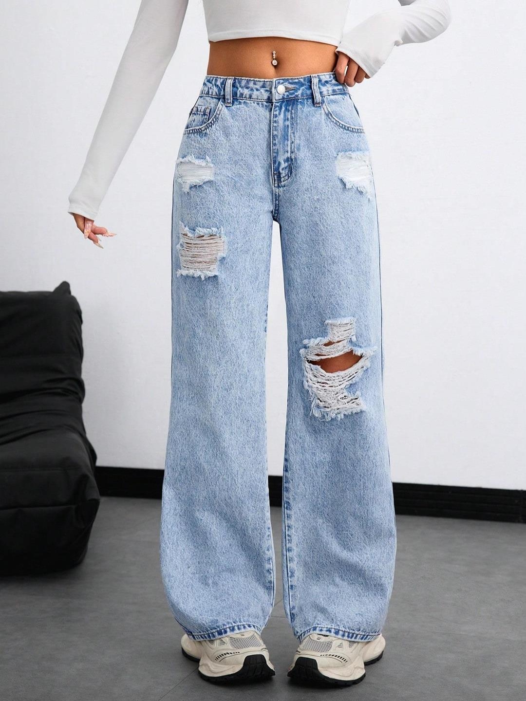 

Kotty Women Straight Fit High-Rise Highly Distressed Stretchable Jeans, Blue