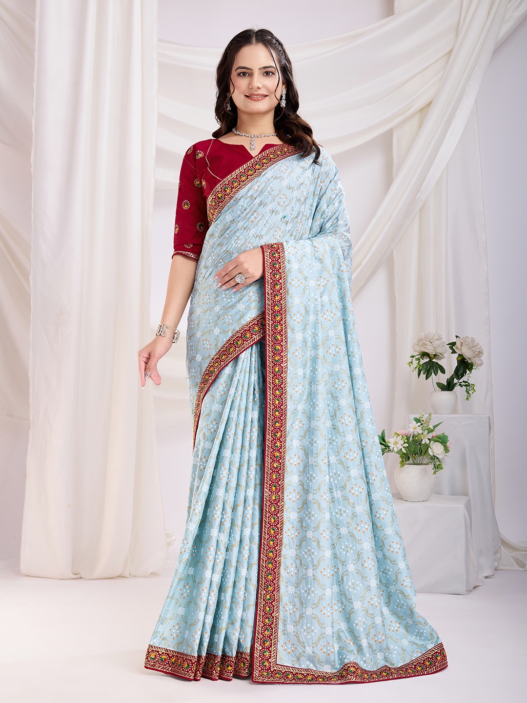 

HERE&NOW Embroidered Bandhani Saree, Blue