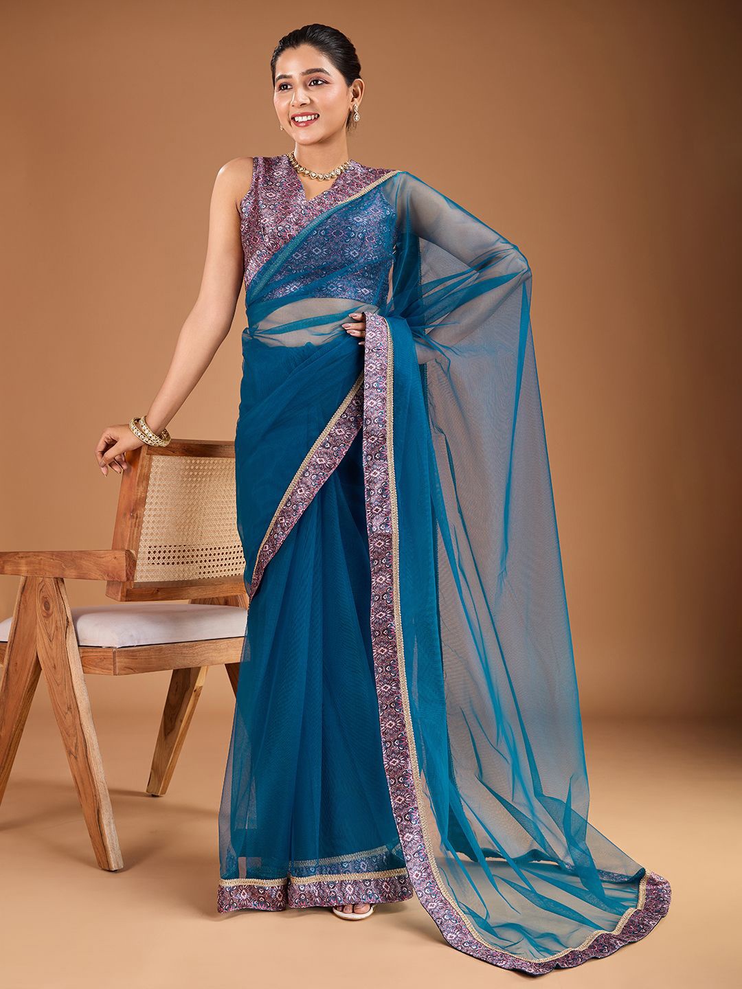 

House of Pataudi Woven Design Border and Blouse Piece, Teal