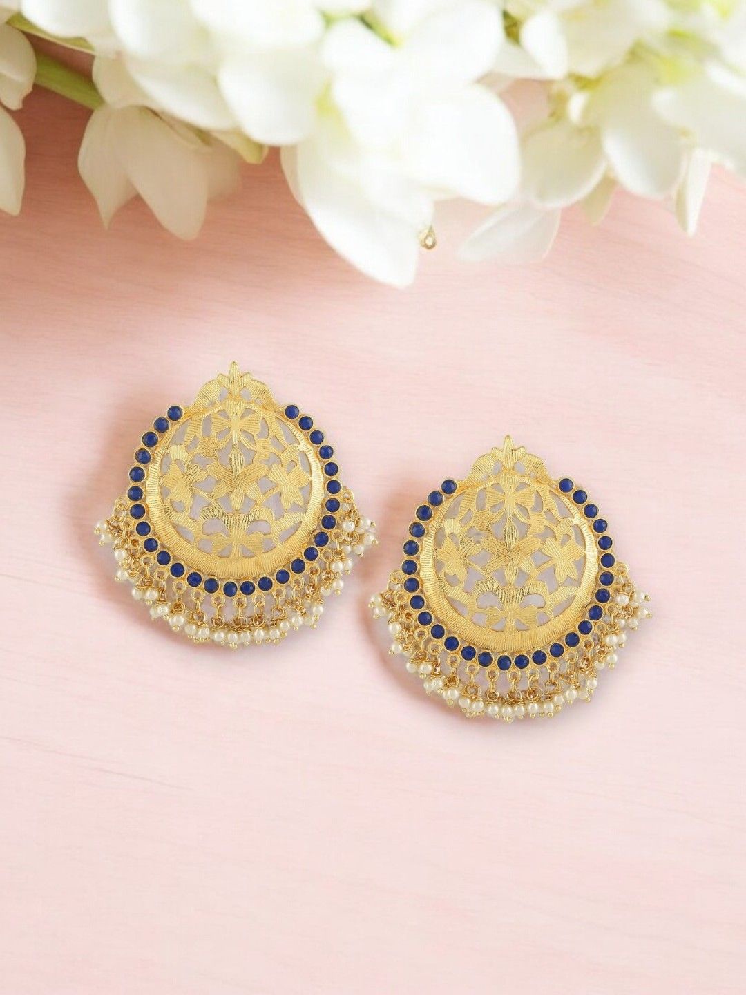 

Anouk Blue Gold-Plated Rhinestone Studded Contemporary Shaped Chandbalis Earrings