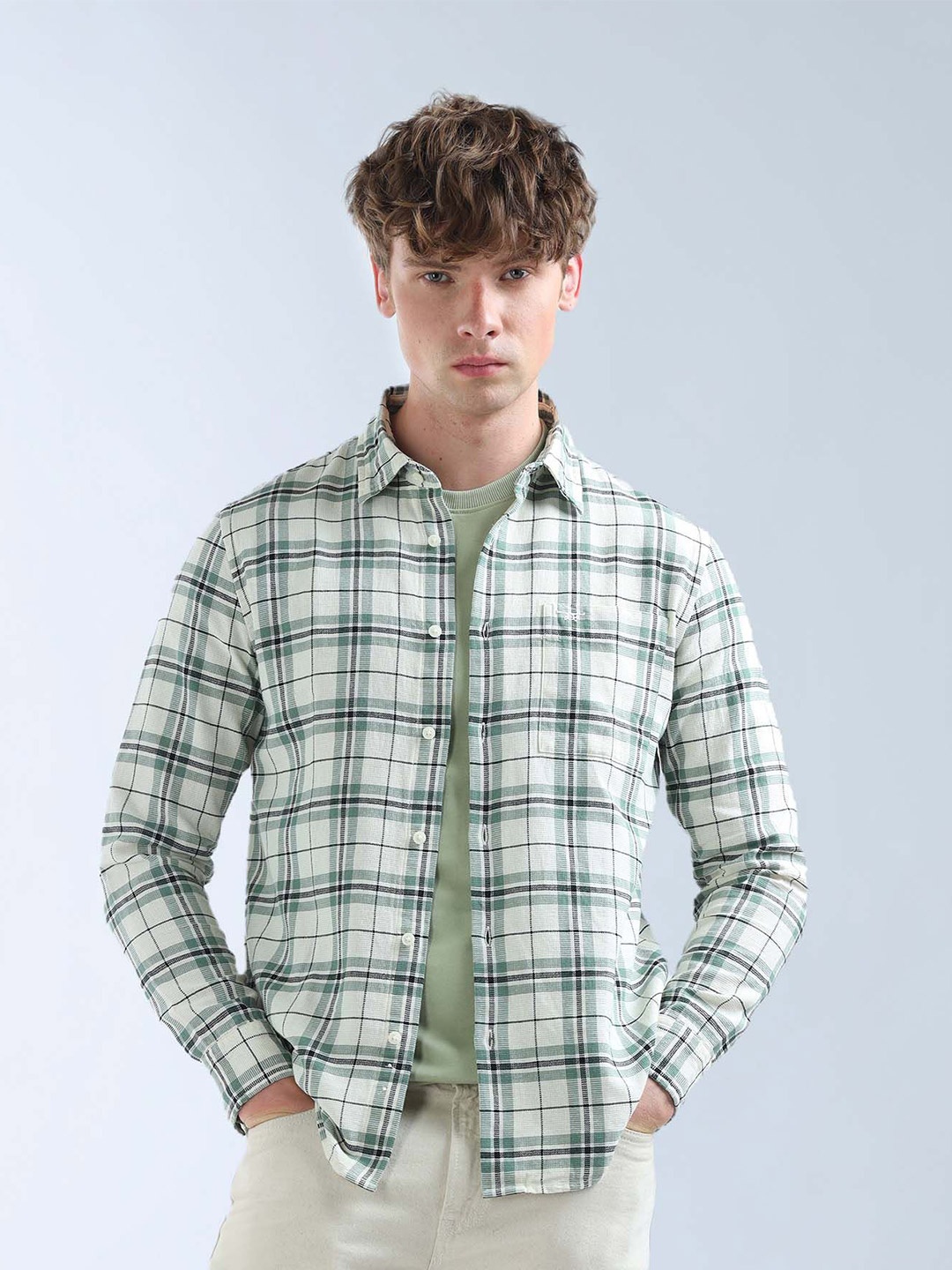 

Flying Machine Classic Checked Spread Collar Pure Cotton Casual Shirt, Green