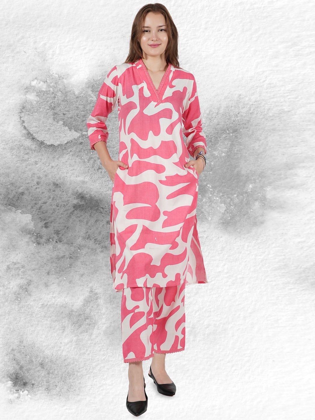 

NEYSA Abstract Printed V-Neck Pure Cotton Tunic And Palazzo, Pink
