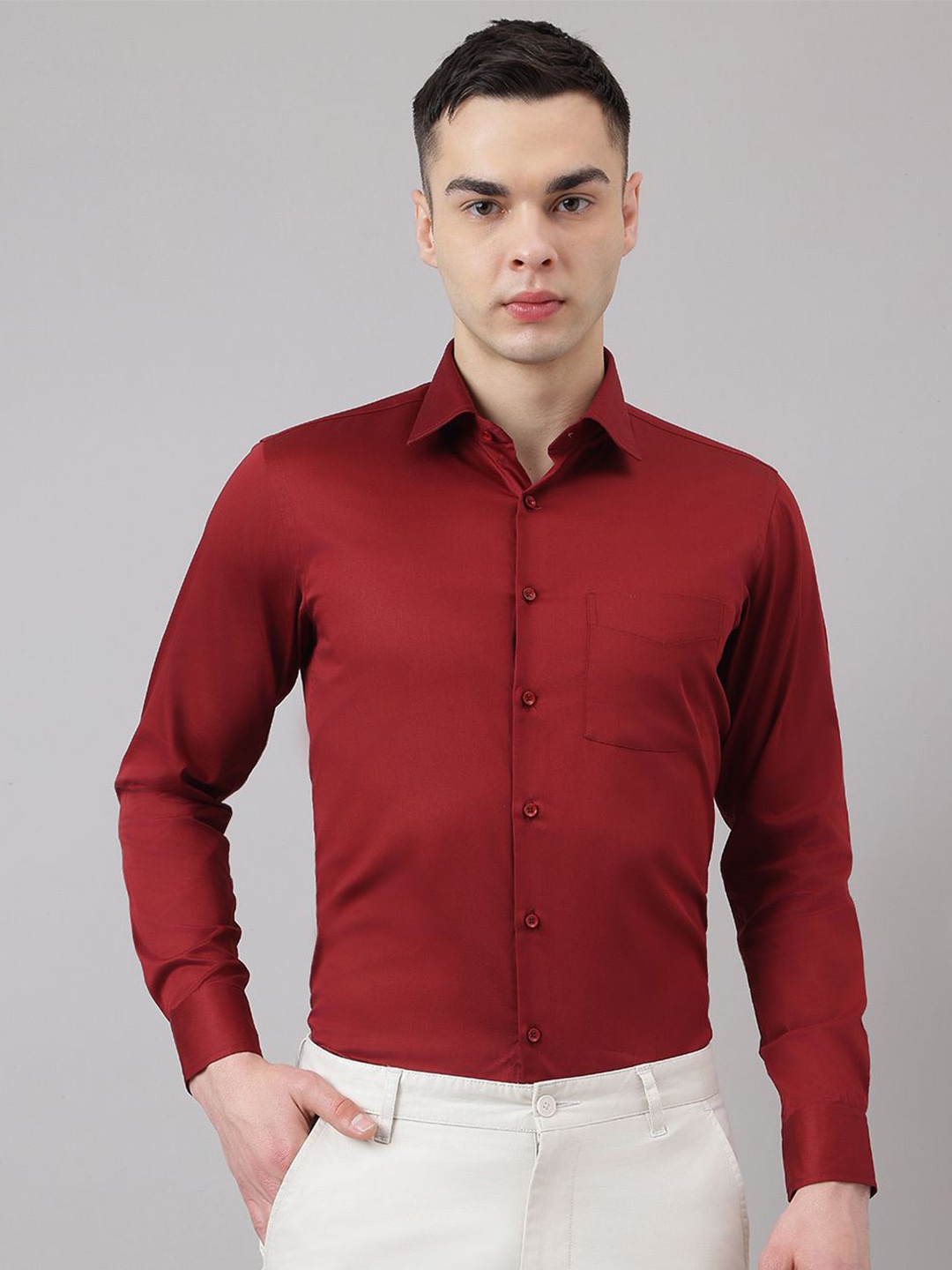 

Richlook Men Comfort Slim Fit Spread Collar Solid Cotton Formal Shirt, Red