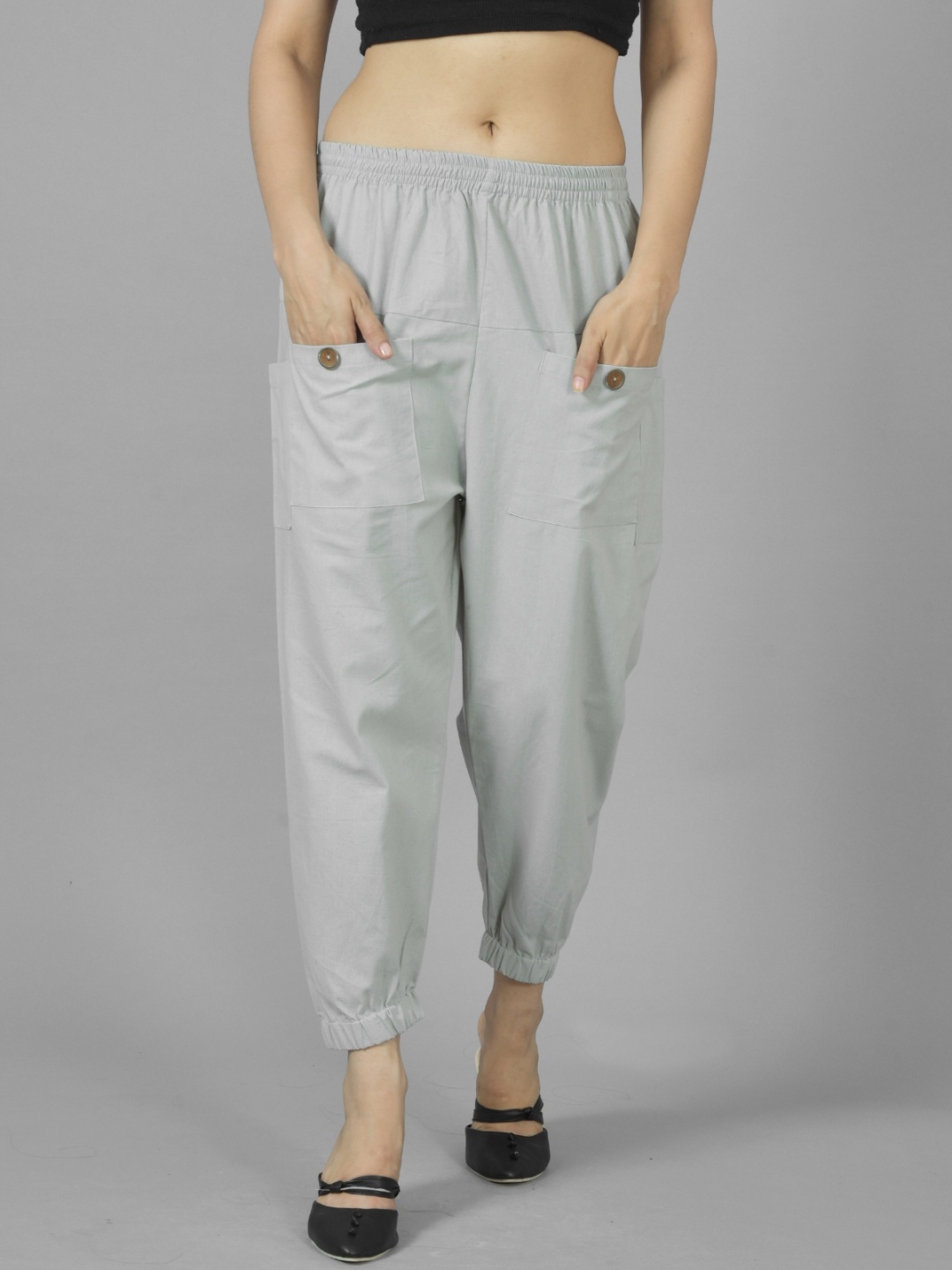 

GiftyBasket Women Relaxed Loose Fit Cotton Cargos Trousers, Grey melange