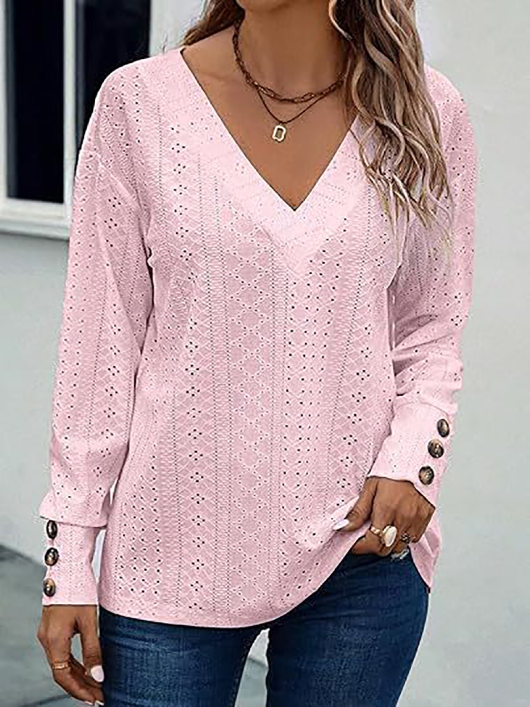 

StyleCast x Revolte Self Design V-Neck Cuffed Neck Schiffli Regular Top, Pink