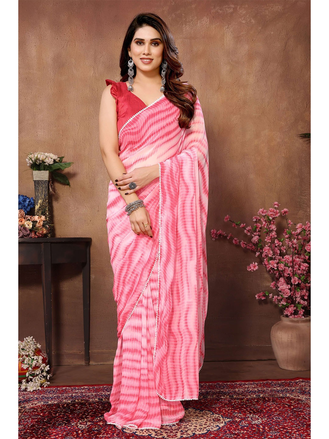

bansari textiles Tie and Dye Ready to Wear Saree, Pink