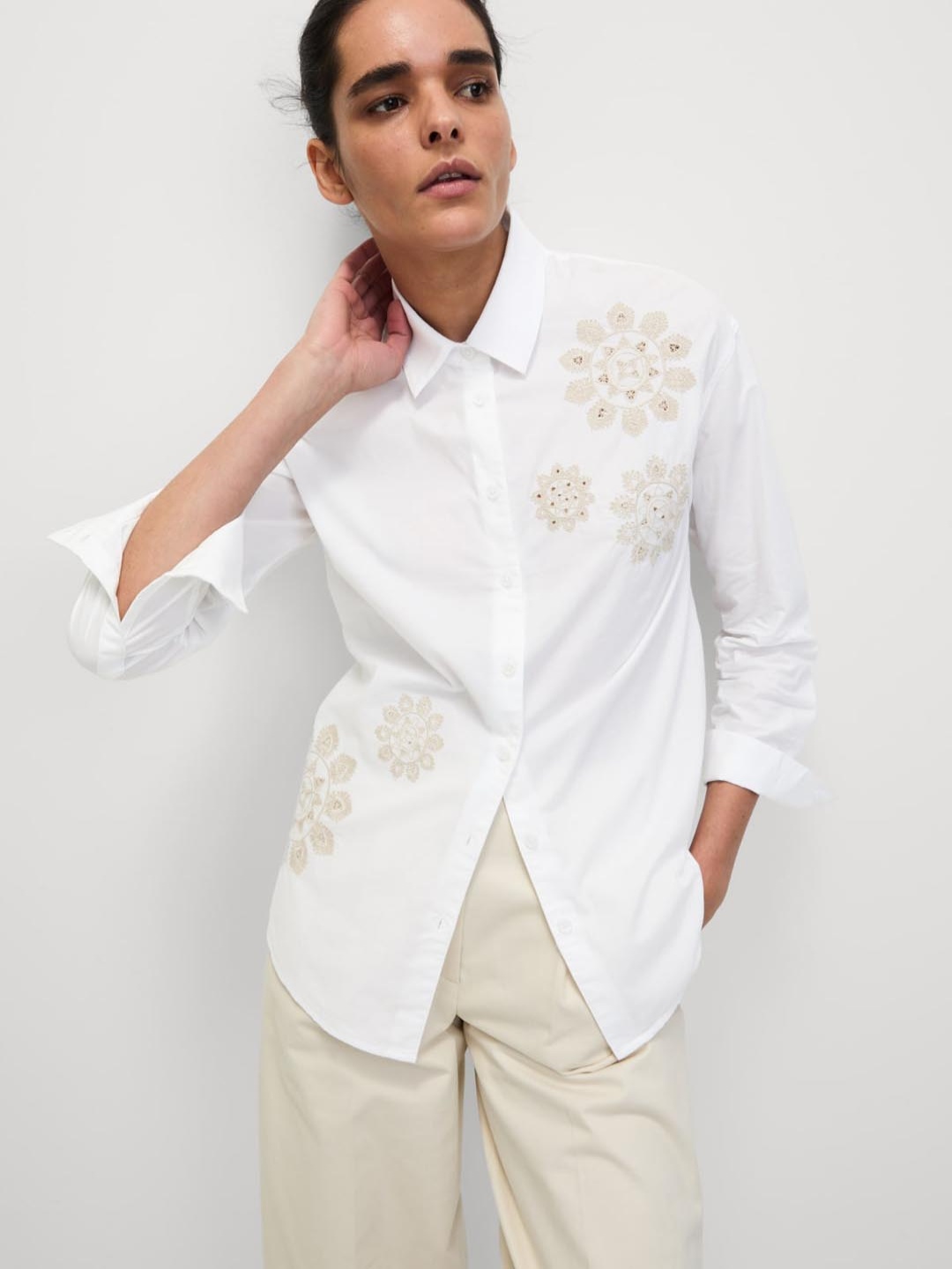

Marks & Spencer Women Spread Collar Floral Printed Cotton Casual Shirt, White