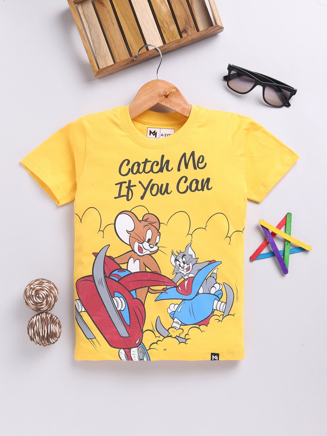 

YK X Minute Mirth Boys Tom & Jerry Graphic Printed Pure Cotton T-shirt, Yellow