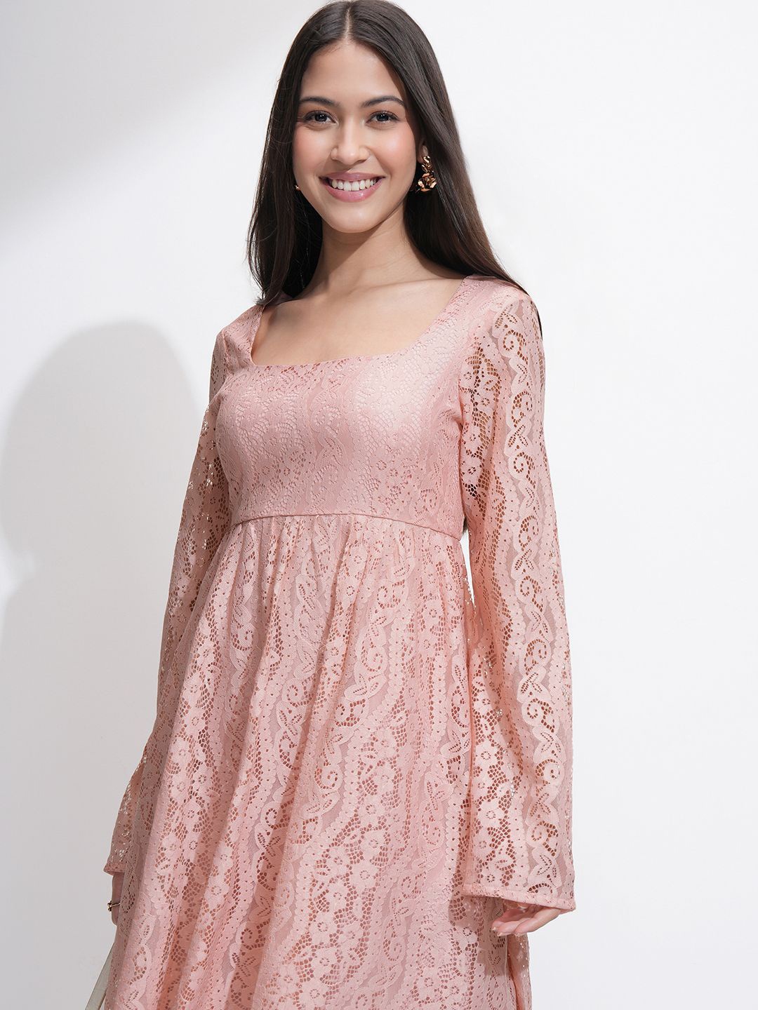 

Tokyo Talkies Women Lace Fit Flare Mini Dress, Pink