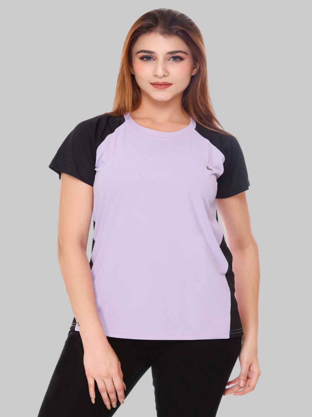 

White Moon Women Colourblocked Round NeckT-shirt, Lavender