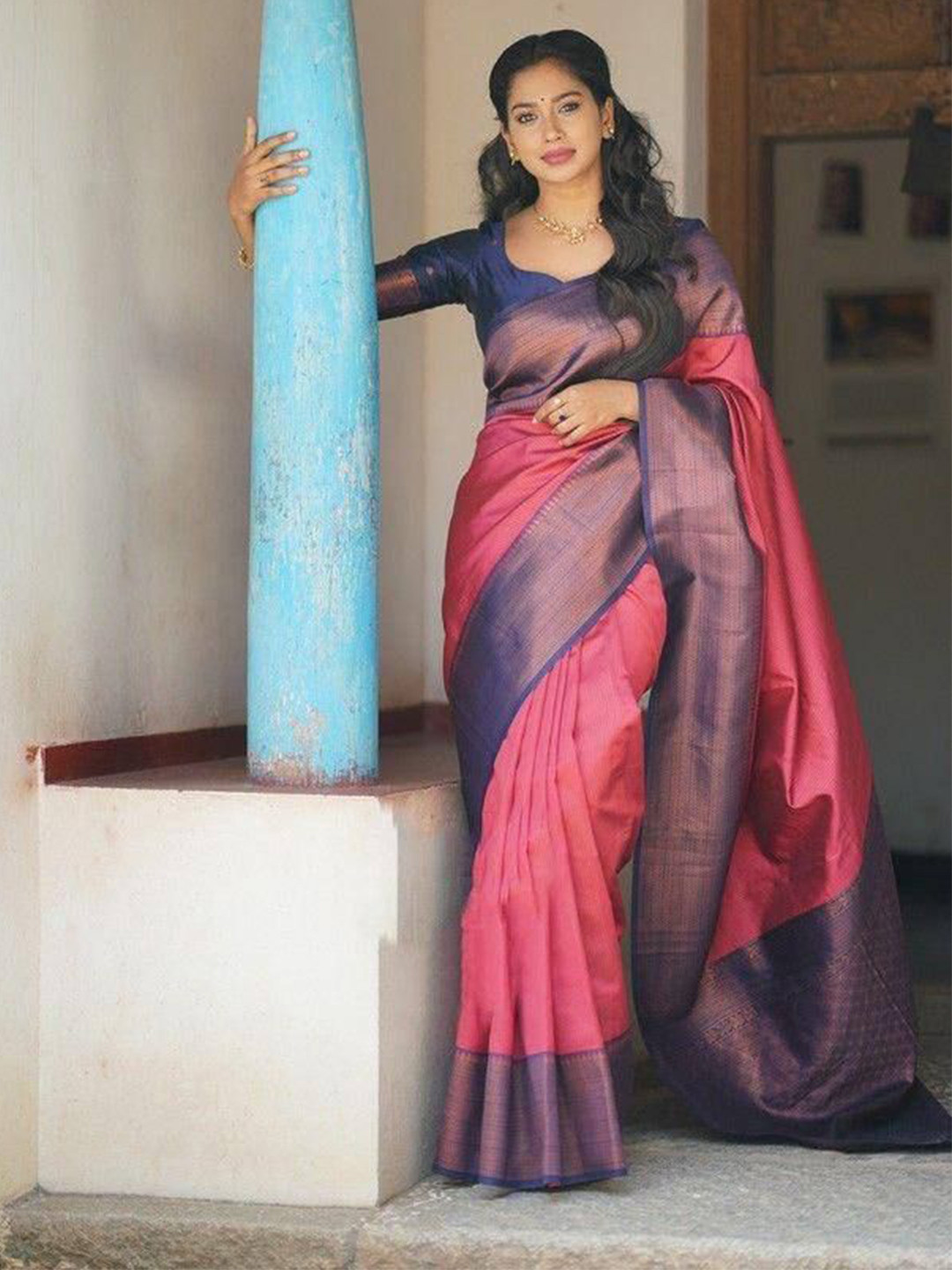 

bansari textiles Woven Design Zari Kanjeevaram Saree, Pink