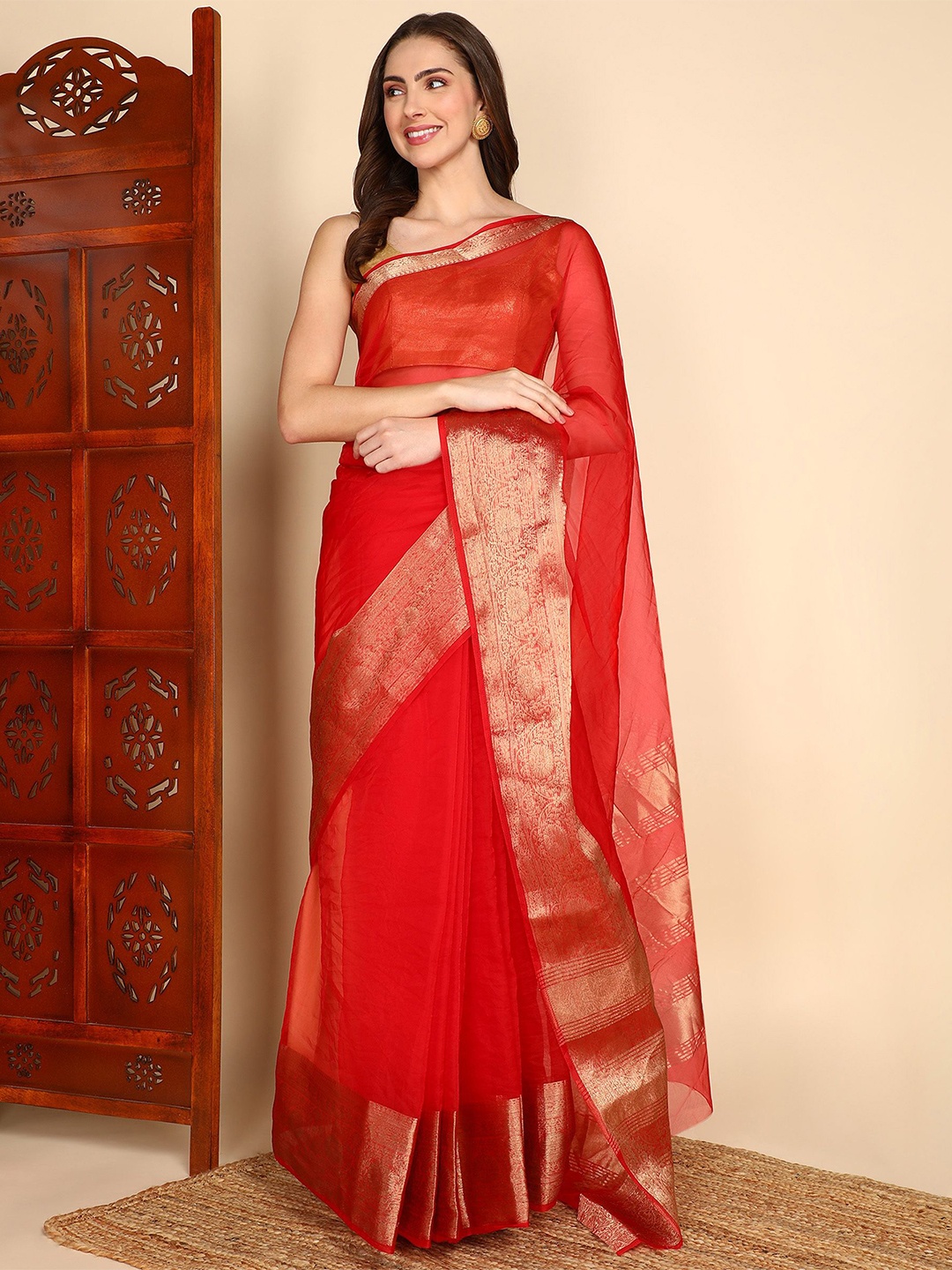 

bansari textiles Zari Pure Silk Tussar Saree, Red