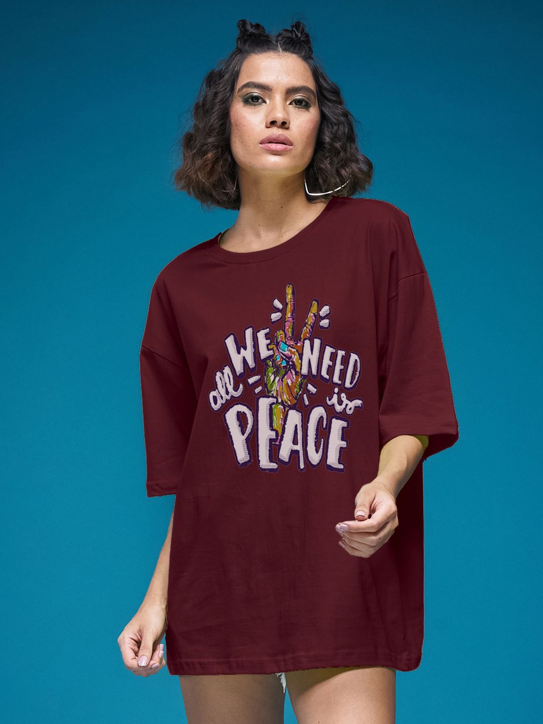 

SMARTEES Women Graphic Printed Round Neck Cotton Oversized T-shirt, Maroon