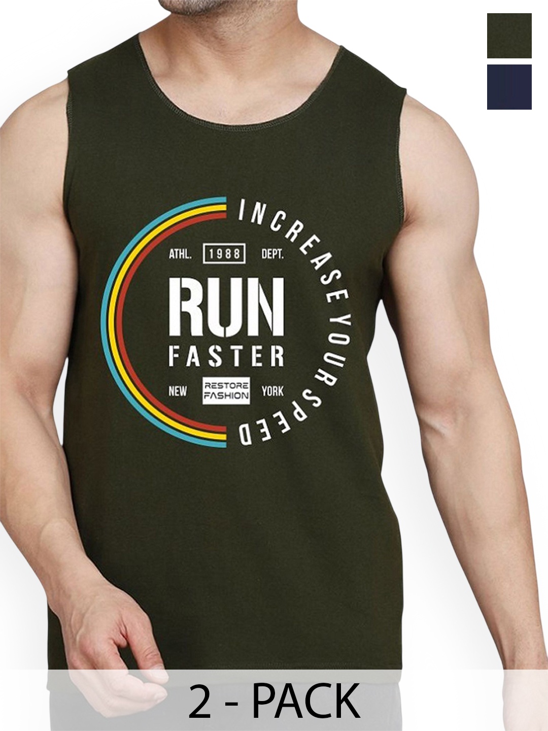 

WOOSTRO Pack Of 2 Printed Combed Cotton Gym Vest RS26 CMB (HARD NAVY) (RUN OLIVE), Navy blue