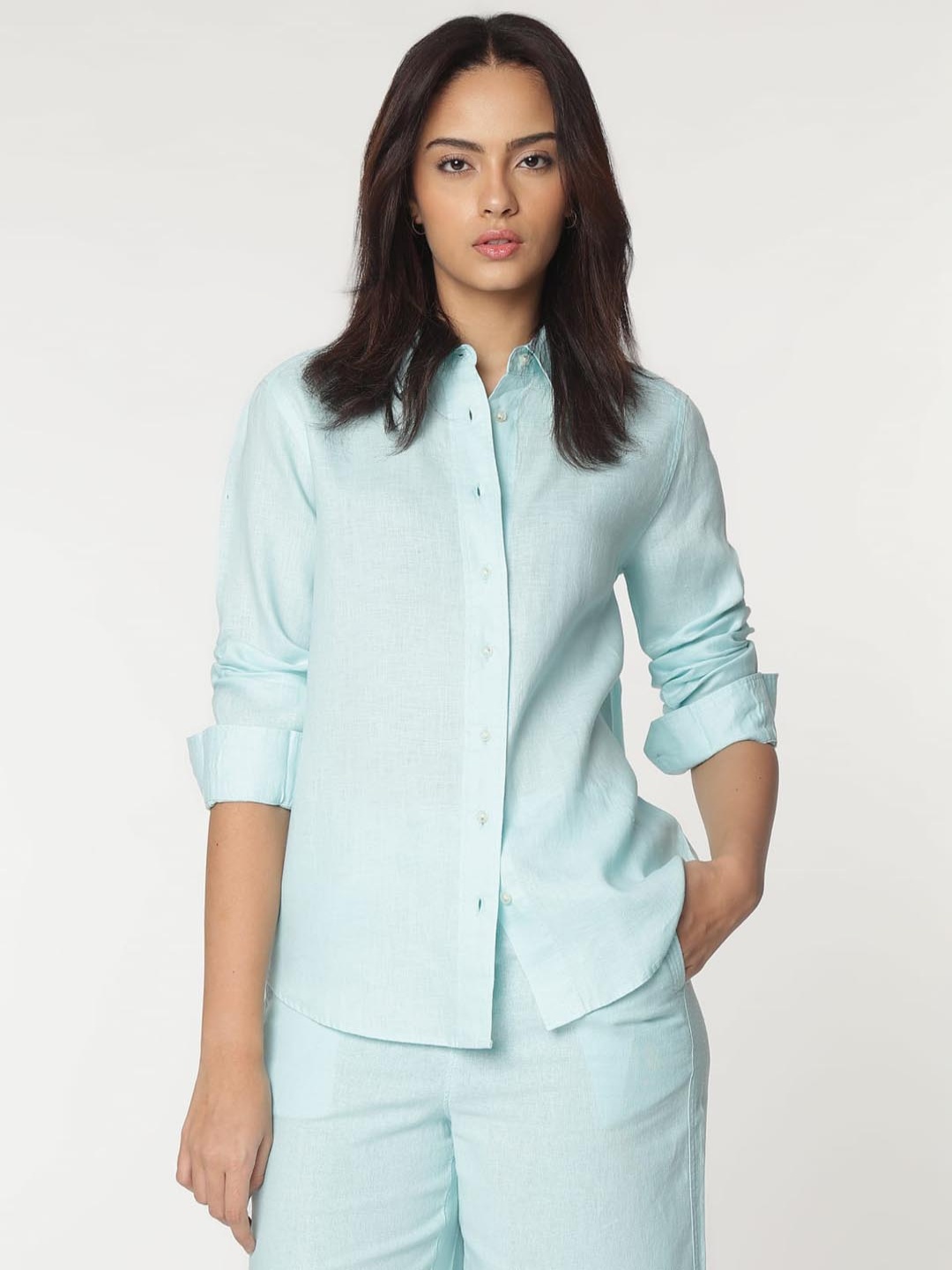 

Marks & Spencer Women Spread Collar Solid Linen Casual Shirt, Blue