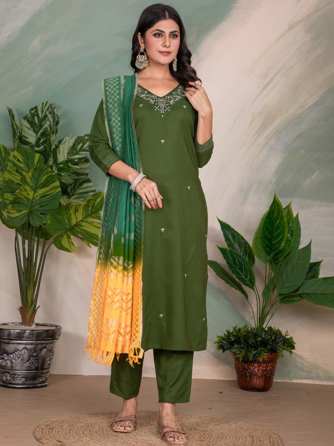 

KALINI Ethnic Motifs Embroidered V-Neck Straight Kurta With Trouser And Dupatta, Olive