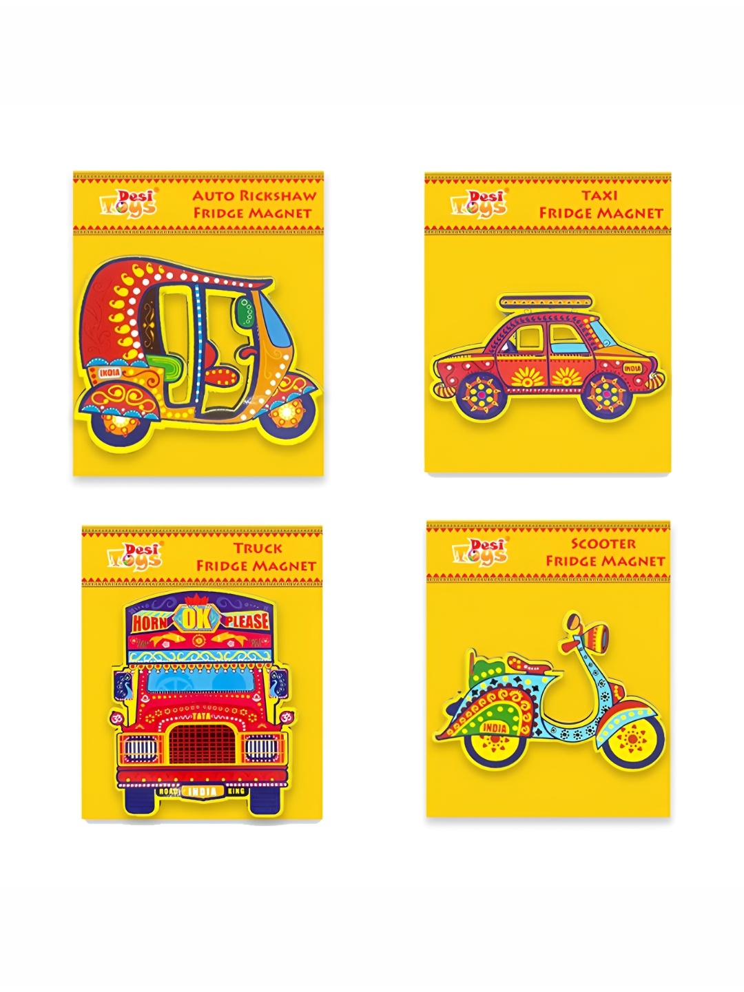 

Desi Toys Yellow & Red 4 Pieces Indian Vehicle Fridge Decorative Magnets