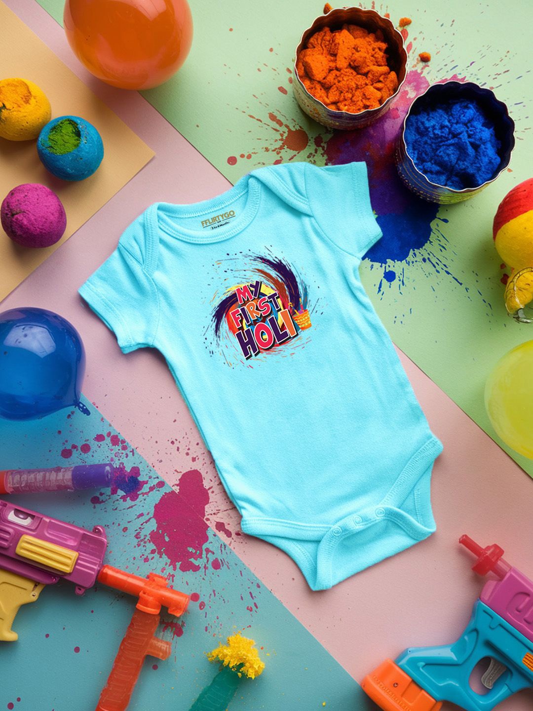 

FFLIRTYGO Infants Holi Printed Cotton Bodysuit, Turquoise blue