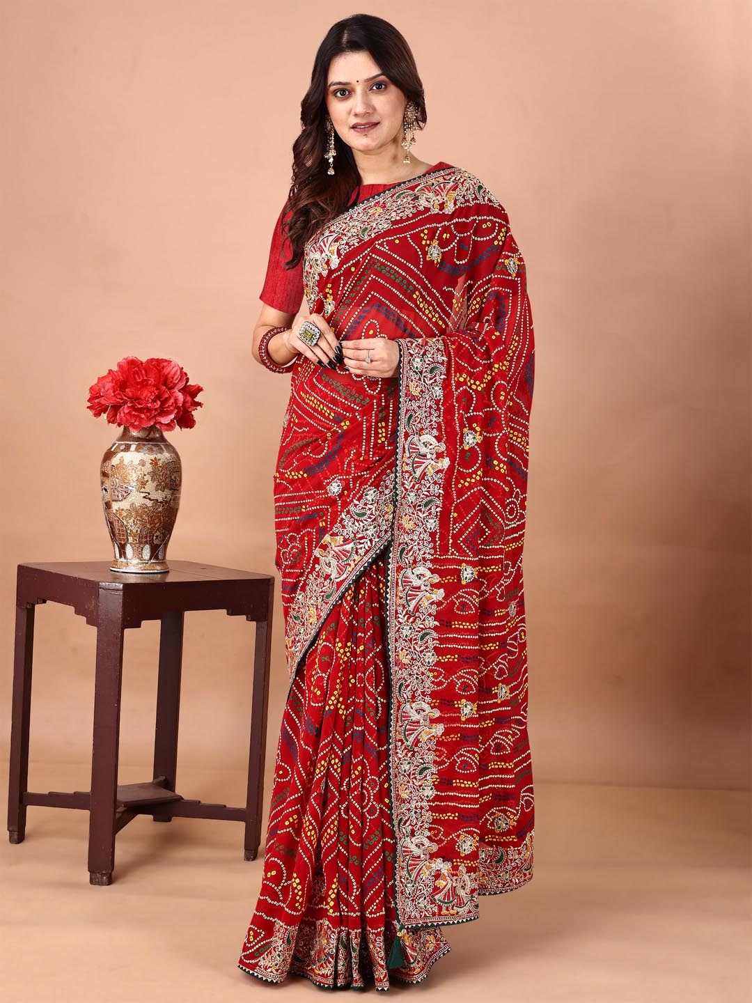 

Panzora Bandhani Embroidered Poly Georgette Bandhani Saree, Red