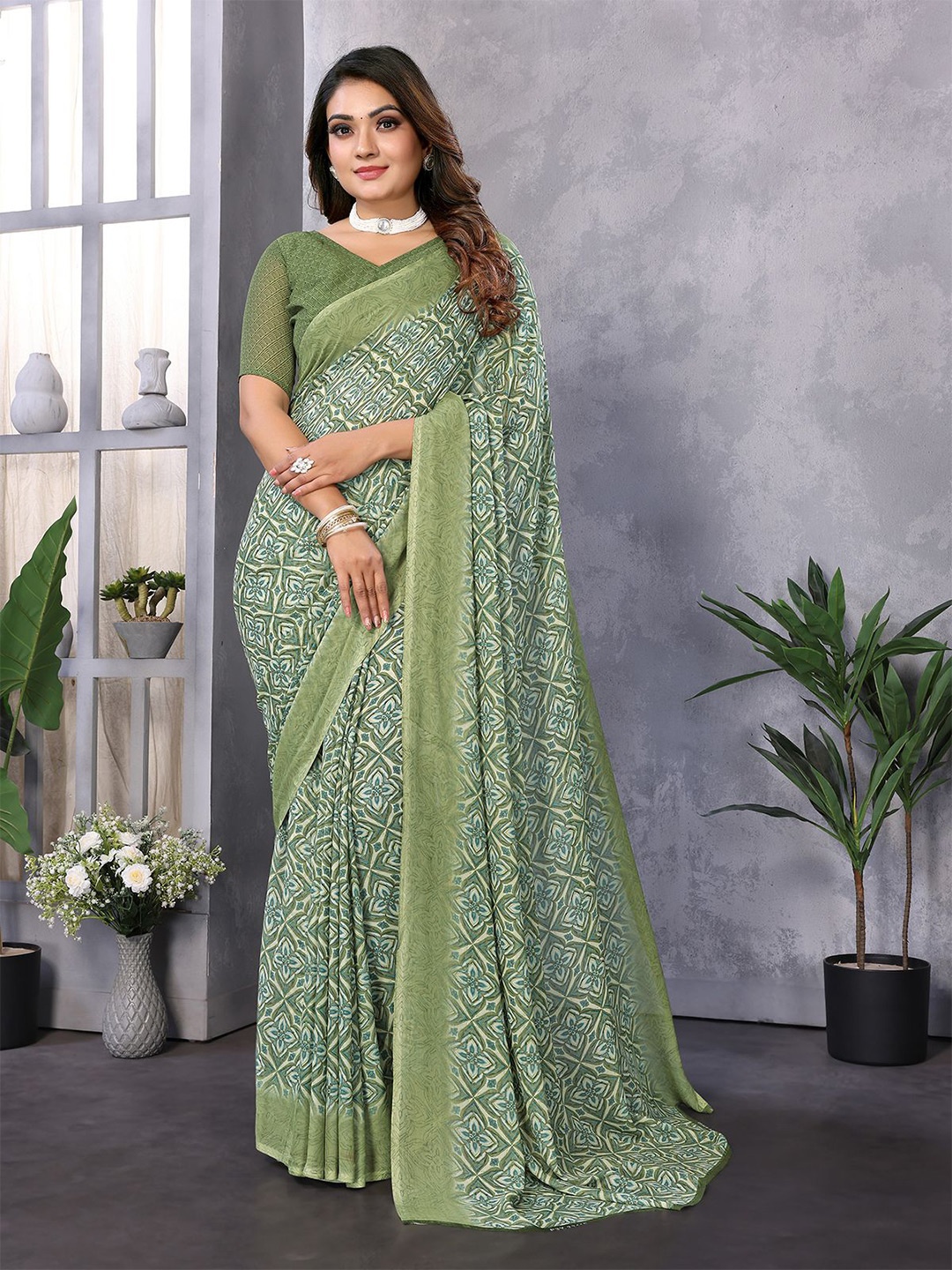 

Moda Rapido Geometric Printed Saree, Green
