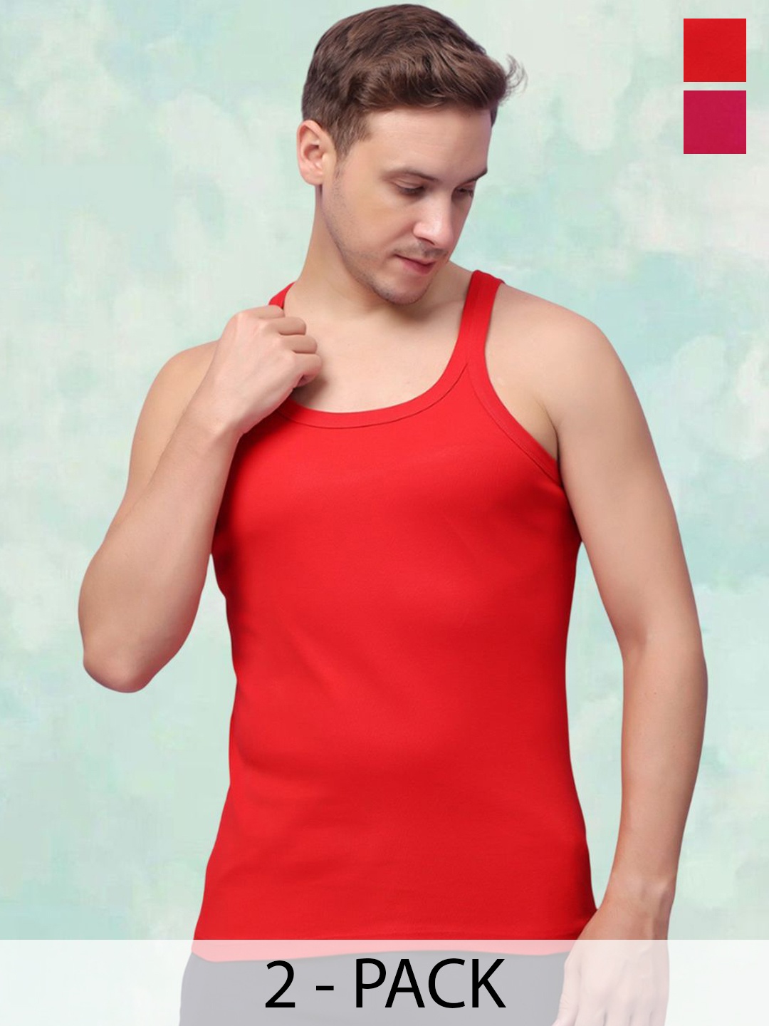 

FBAR Men Pack Of 2 Round Neck Gym Vests, Red