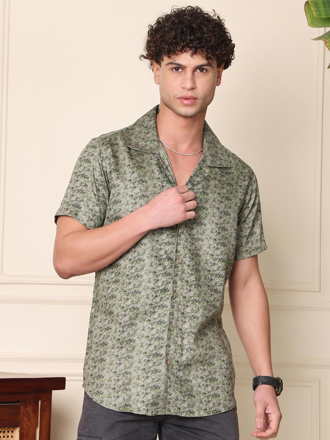 

Tanip Men Cuban Collar Abstract Printed Cotton Casual Shirt, Green