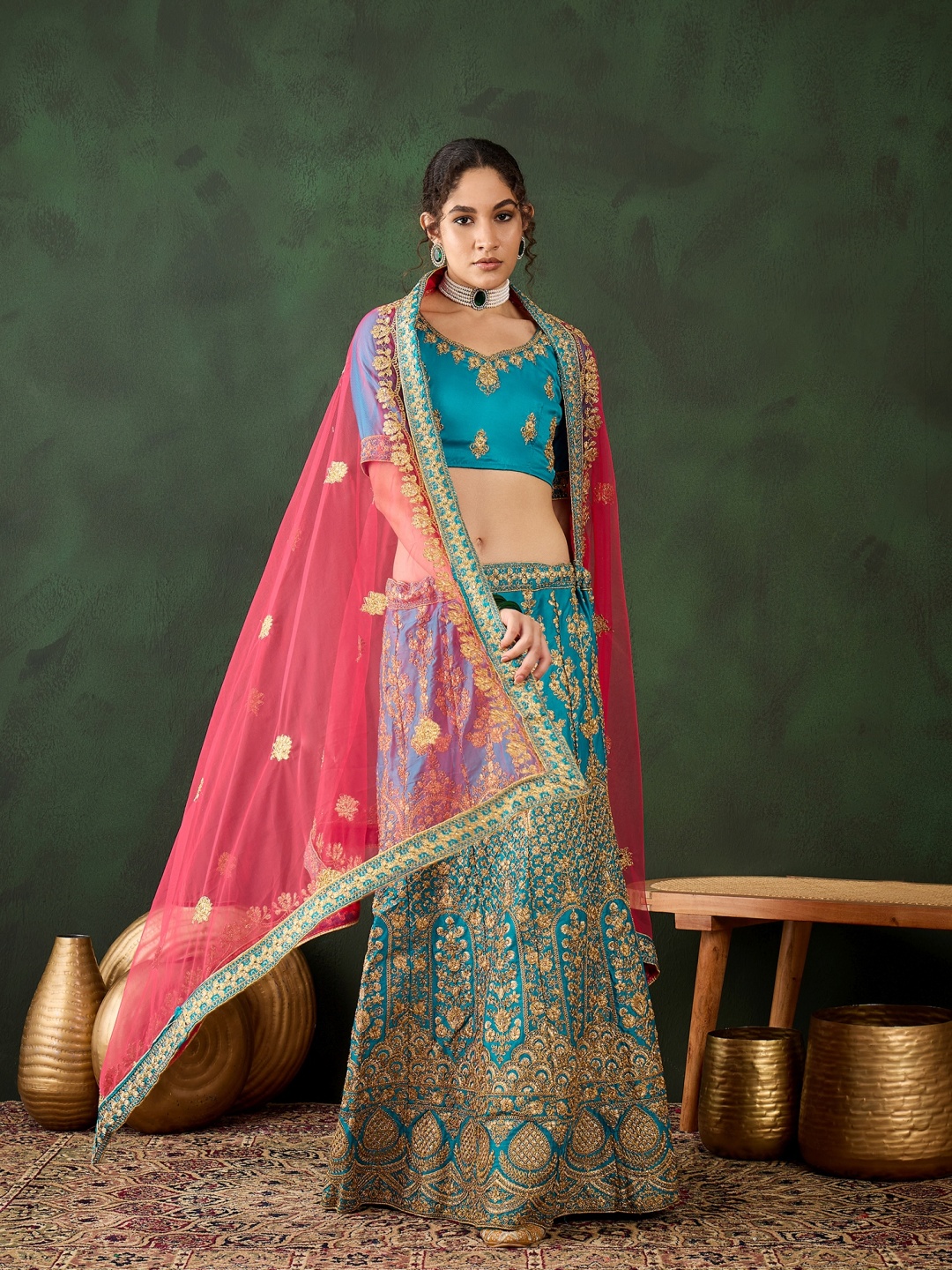 

DEVATITHI Embroidered Thread Work Semi-Stitched Silk Lehenga & Blouse With Dupatta, Blue