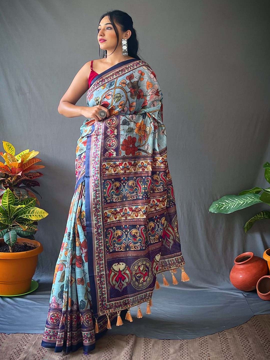 

TORONFRAS Kalamkari Printed Chanderi Saree, Blue