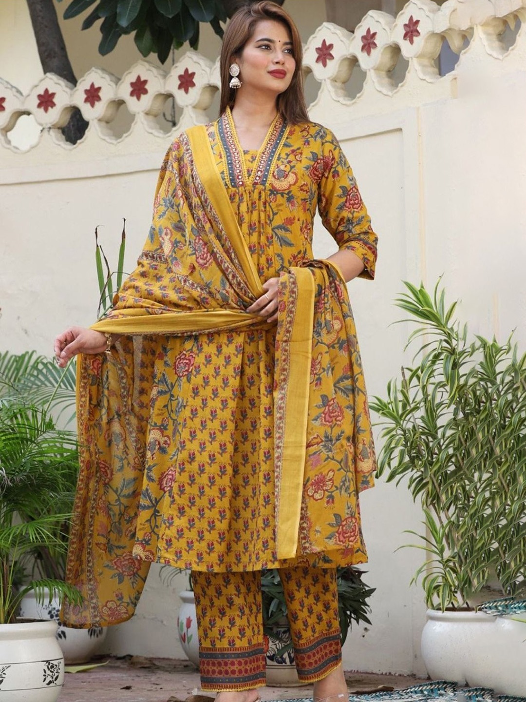 

Heavenly Attire Floral Printed Sequnnied Pure Cotton A-Line Kurta With Trousers & Dupatta, Yellow