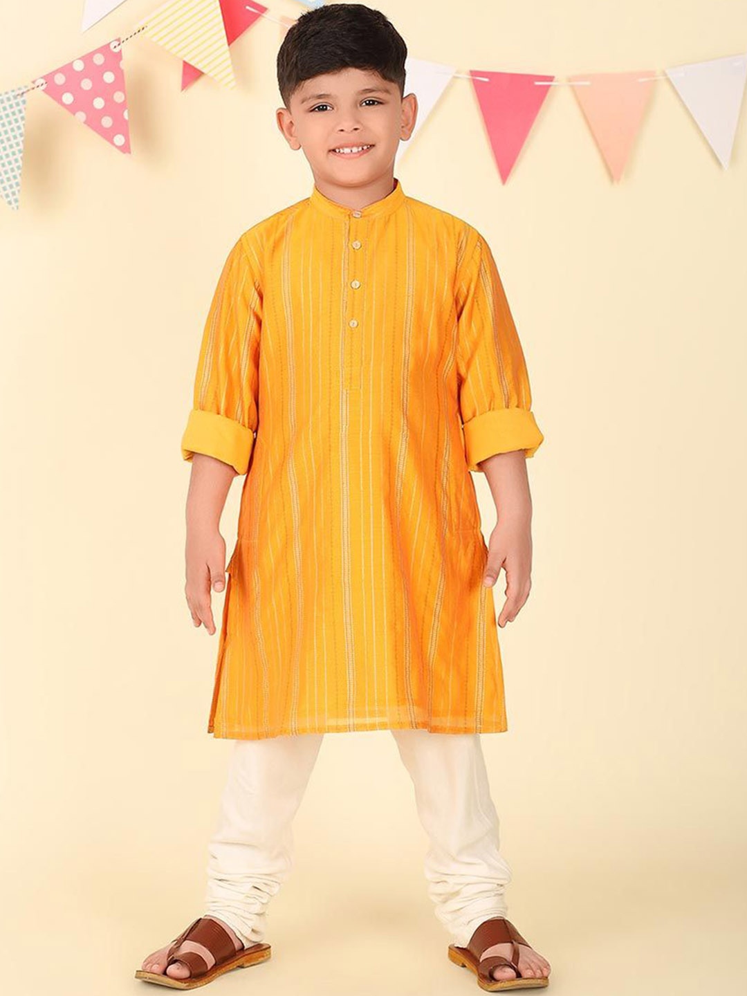 

Fabindia Boys Flared Sleeves Thread Work Kurta, Mustard