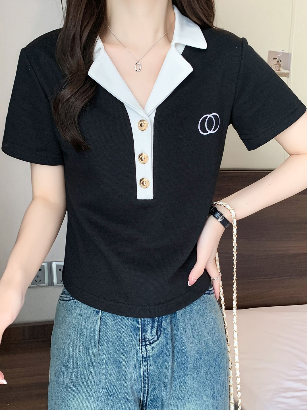 

StyleCast x Revolte Women Lapel Collar Cotton Top, Black