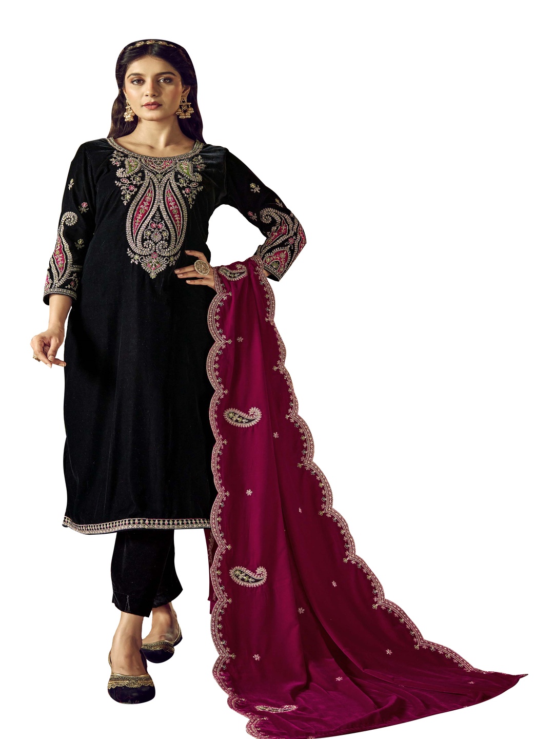 

DRAVINAM Trends Floral Embroidered Velvet Unstitched Dress Material, Black