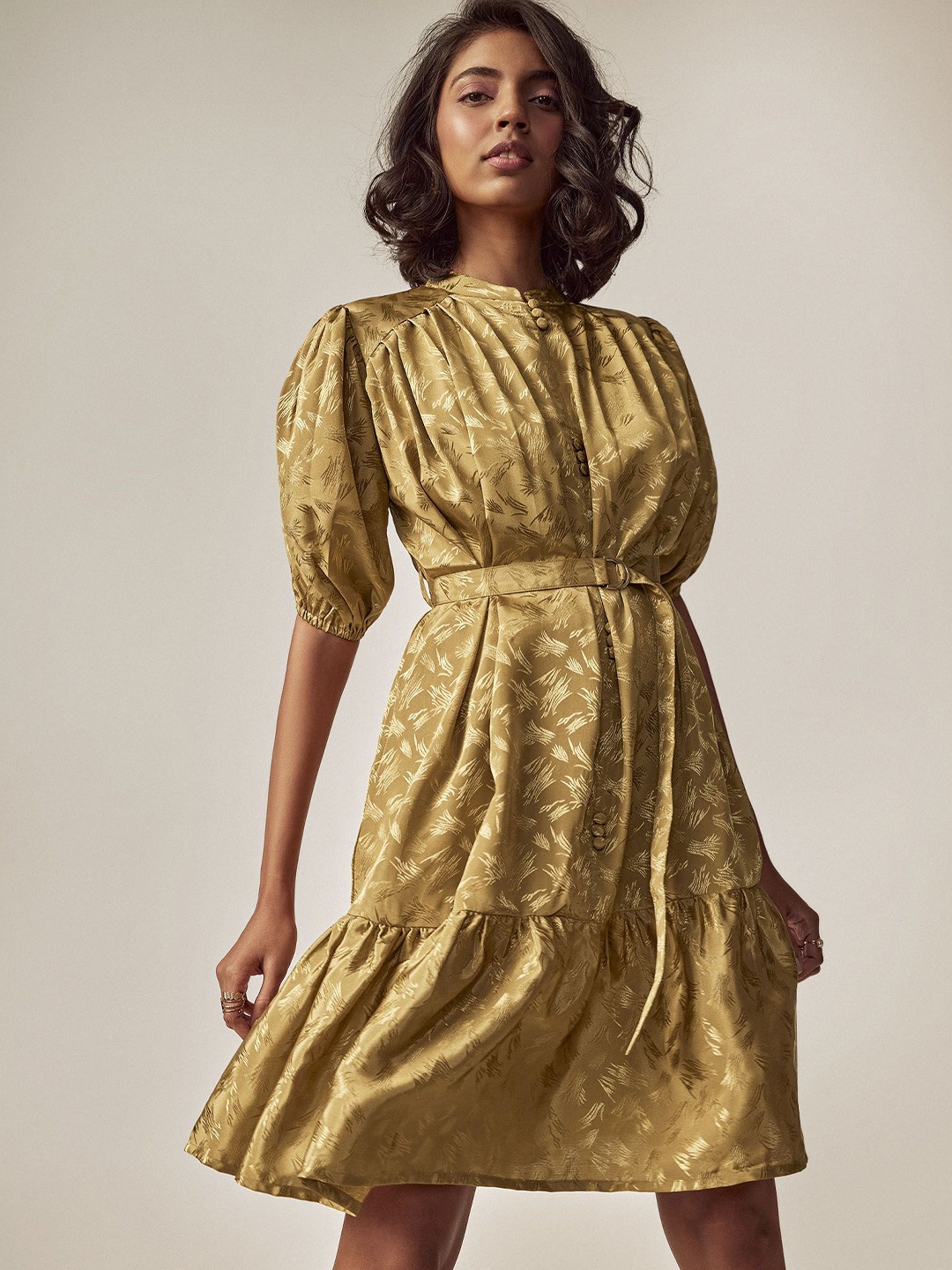 

The Label Life Women Printed Puff Sleeve Jacquard Fit & Flare Dress with Belt, Gold