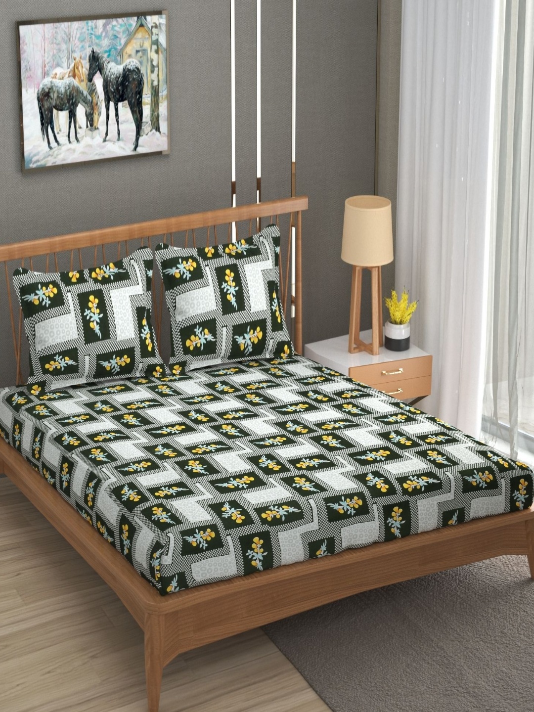 

AJISH White & Black Floral Printed 180 TC Pure Cotton Single Bedsheet Set 1.37m X 2.28m