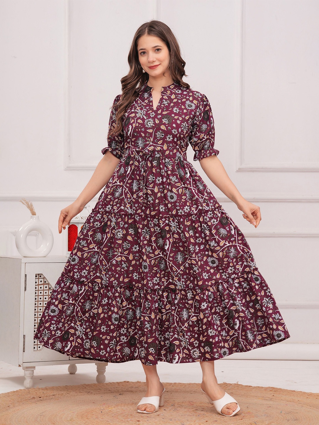 

SHOPAXIS Floral Printed Pure Cotton Puff Sleeve Fit & Flare Midi Dress, Maroon